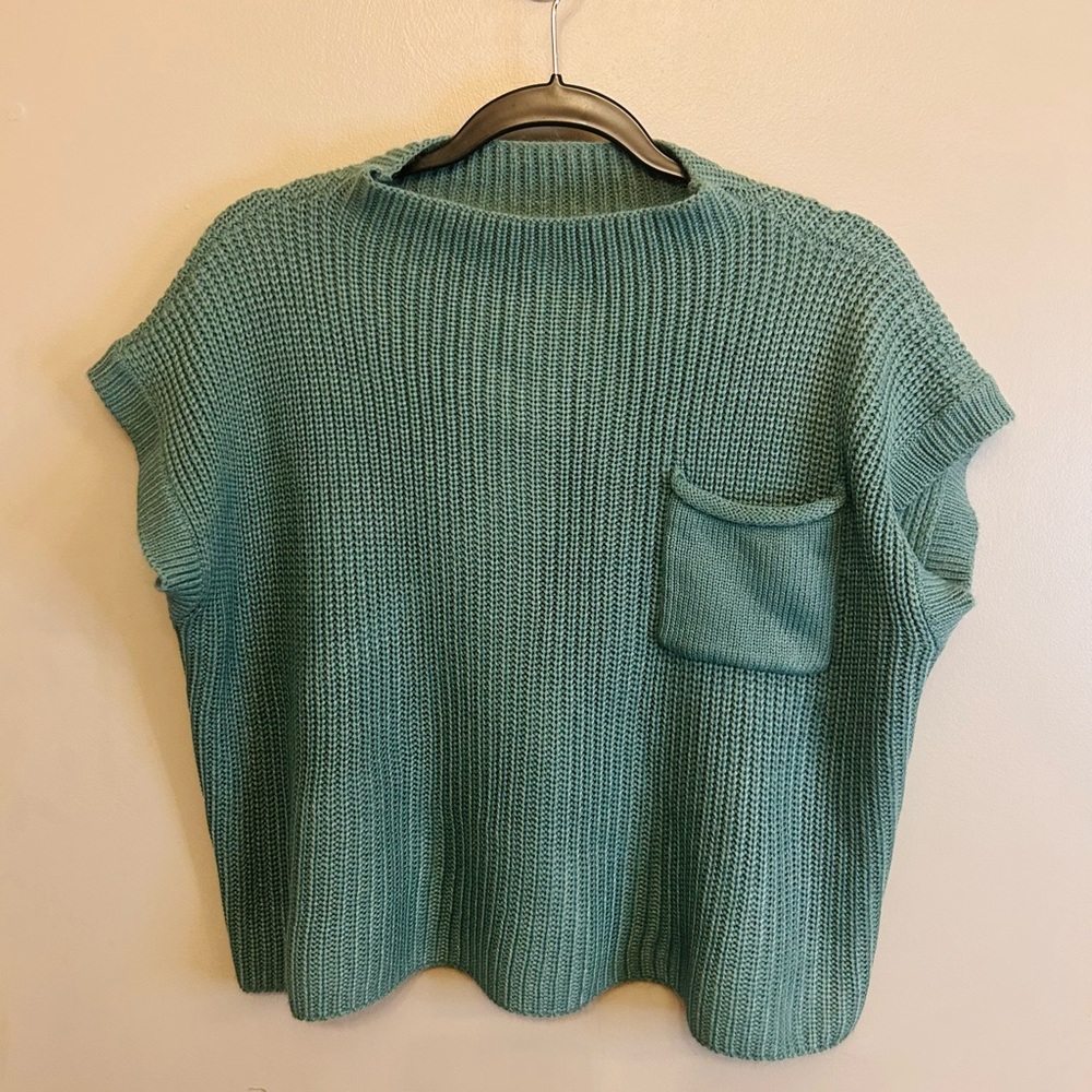 Green Mock Neck Short Sleeve Sweater Merino wool blend size L
